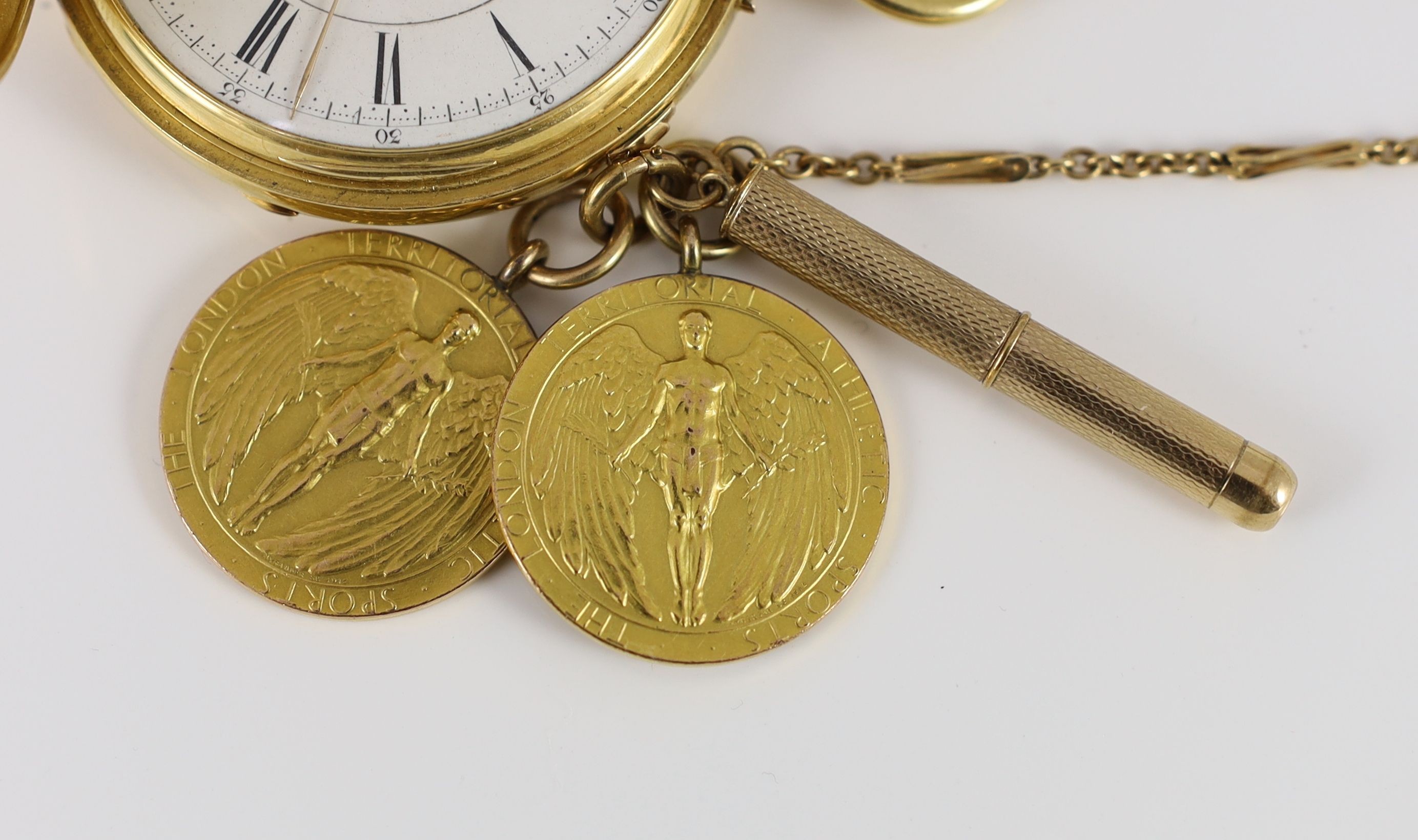 A Victorian 18ct gold keyless chronograph hunter pocket watch, by Boxelle, Kings Road, Brighton